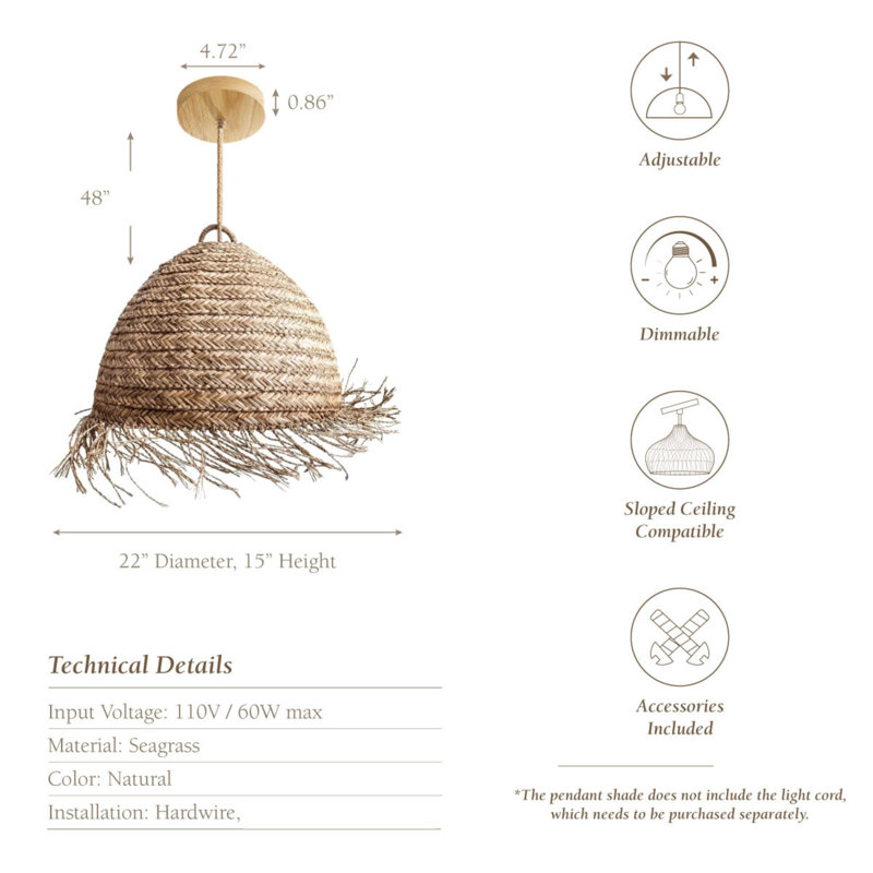 Aneil 1 - Light Natural Lampshade Pendant – 14" & 22'' Dome Plug-In or Hardwired Woven Light with Fringe Edge for Entryway or Bedroom in Boho Coastal Style
