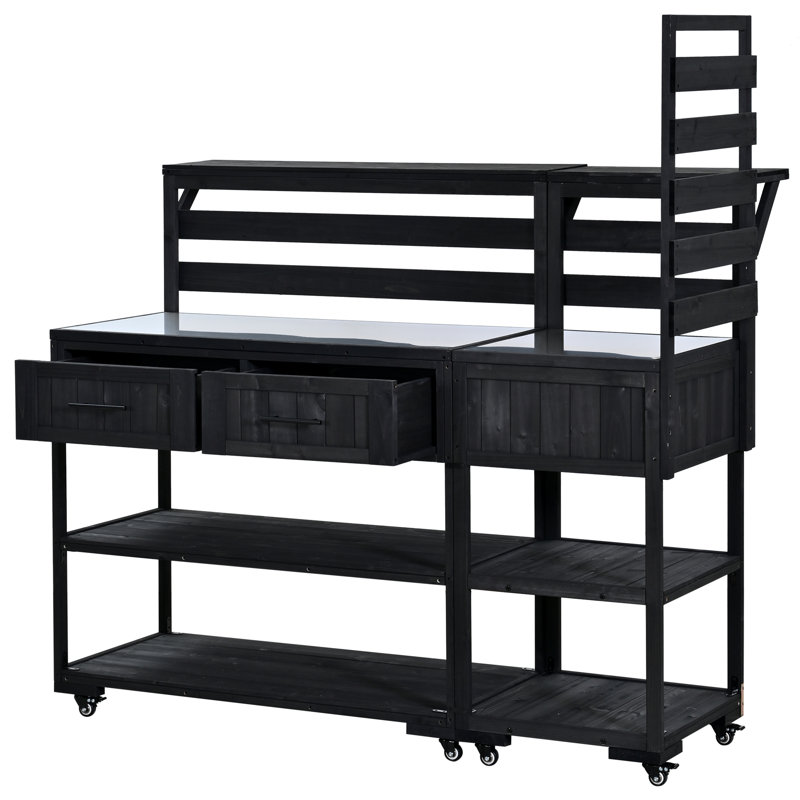 62.3" Patio Kitchen Island – Solid Wood Cart with Stainless Steel Top, Raised Shelf & Drawers, Grill Prep Table for BBQ & Party (Black)