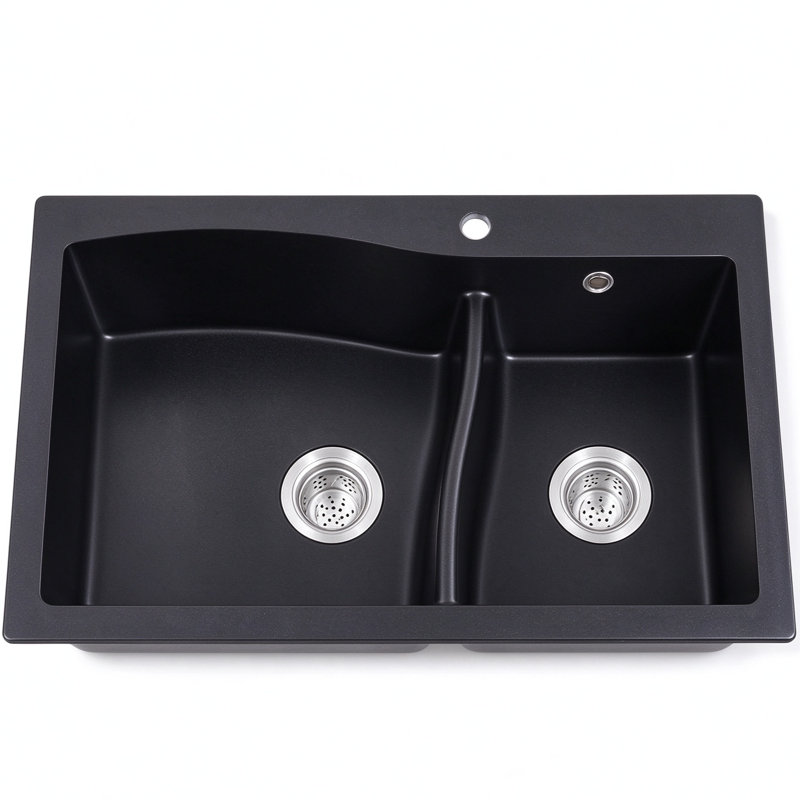 Matte Black Quartz Composite Double Bowl Drop-In Kitchen Sink