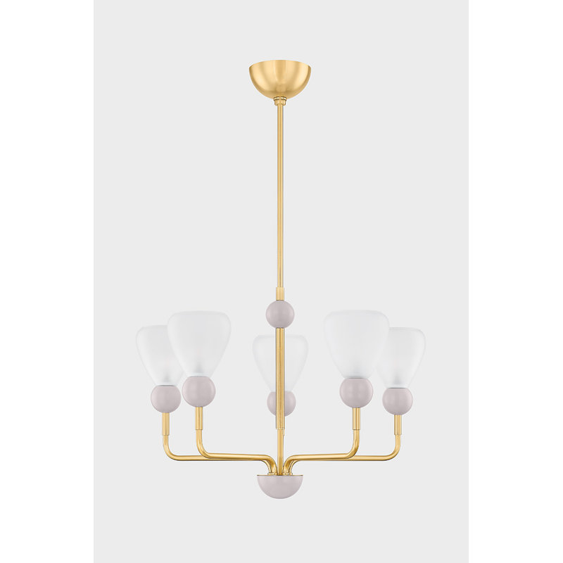 Aged Brass and Soft Peignoir 5-Light Chandelier with Etched Matte Glass