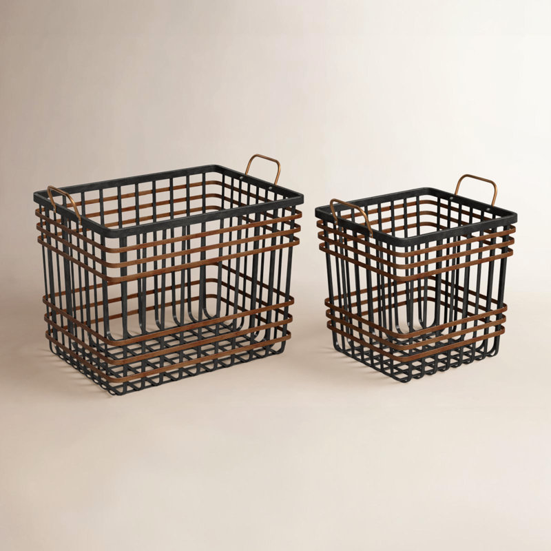 Black Bamboo Wood Open Frame Square Storage Basket with Brown Accents, Set of 2