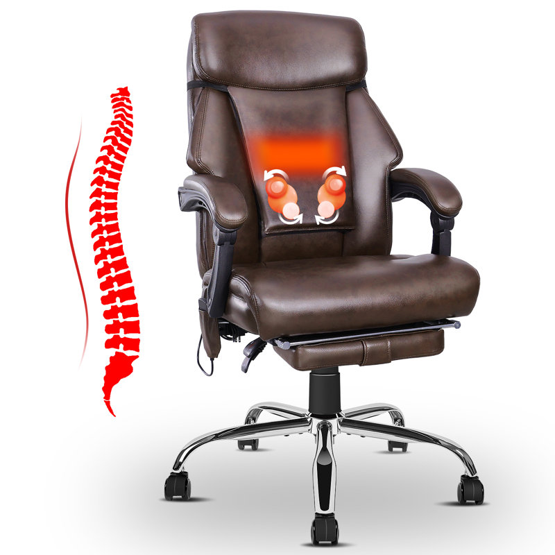 Brown Leather Heated Swivel Executive Office Chair with Footrest