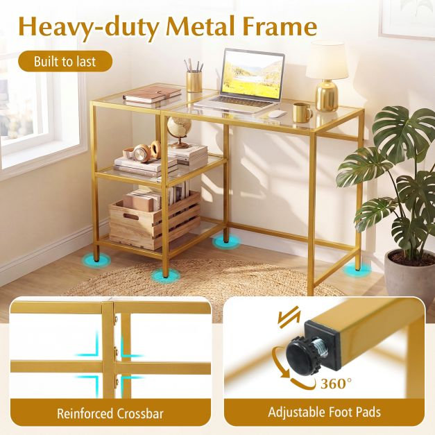 Tempered Glass Iron Computer Desk, Clear/Gold