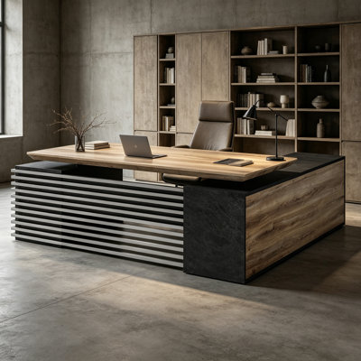 70.87IN 78.7IN 86.6INAdjustable Height L Shaped Executive Desk with Cabinet Storage, Home Office Desk w/Universal Charging Ports,Large Business Furniture Desk Workstation w/Cord Management