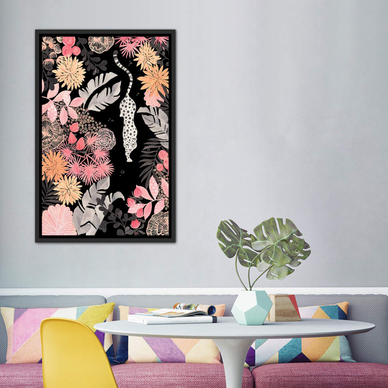 Art de pédoncule leopard, Toile avec cadre noir patiné, H 60 po x l 40po x P 1,5 po