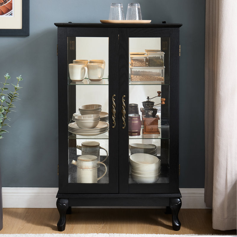 Black Display Cabinet With Tempered Glass, Lighted Feature, And Mirrored Back For Office Decor American Retro Interior, Vintage Charm, Metal Handle Wines