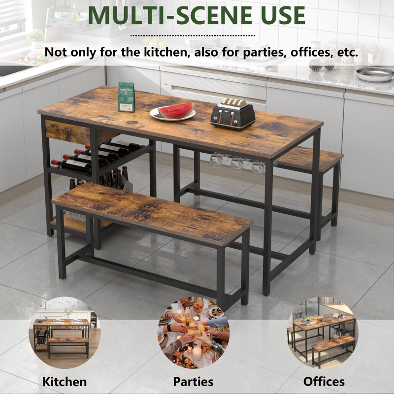 Ensemble de table de salle à manger Gigette pour 4 à 6 personnes, 54,7 po avec 2 bancs, Brun rustique / noir