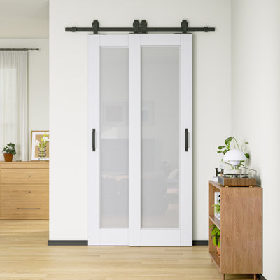 40 x 80 Bypass Barn Door-White Primed 1-Lite Frosted Glass Sliding Barn Door With Installation Hardware Kit/No Assembly Required