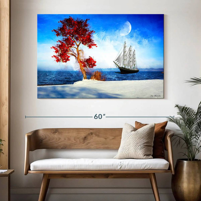 Arbre rouge Mehar et bateau, H 34 po x l 51 po