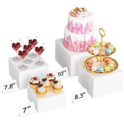 Ensemble de 4 contremarches et supports pour buffet, (7 po, 7,8 po, 8,3 po, 10 po), risers alimentaires pour table de buffet, porte-gâteaux de dessert pour la fête, présentoir à bijoux de collection, boîtes cubiques gigognes, blanc