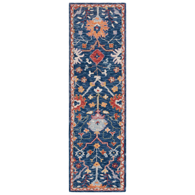 Panayotis Hand Tufted Wool Cotton Floral Rug in Blue/Red, Runner 2'3" x 8'
