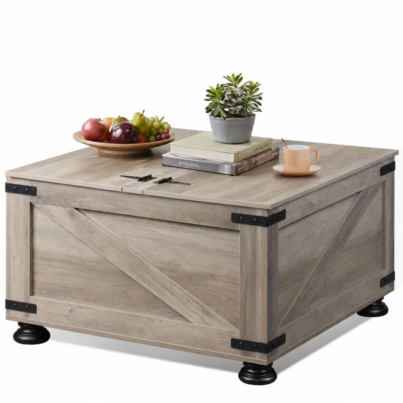 Farmhouse Coffee Table, 31.5" Square Coffee Table With Flip-Top Lids And Large Hidden Storage Compartment For Living Room