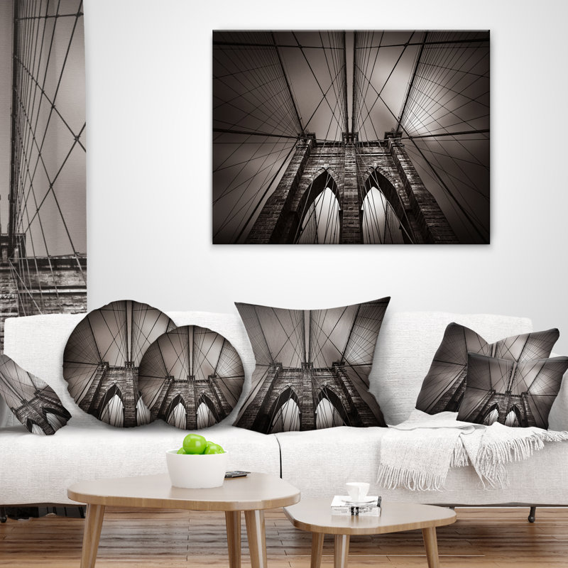 Pont de Brooklyn à New York, États-Unis - Coussin imprimé paysage urbain, 18 po x 18 po, Coussin décoratif