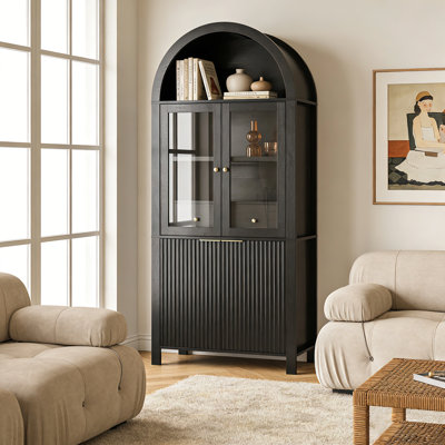 71" Tall Fluted Arched Pantry Cabinet With Glass Doors & Drawer, Adjustable Shelves Storage For Kitchen, Dining Room Or Living Room