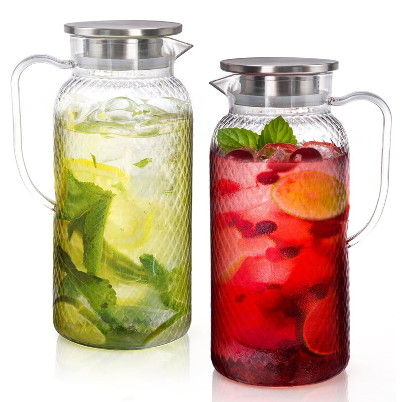 Lot de 2 pichets en plastique transparent de 2 litres (68 oz), avec couvercle, pour réfrigérateur, sans BPA, pour thé glacé