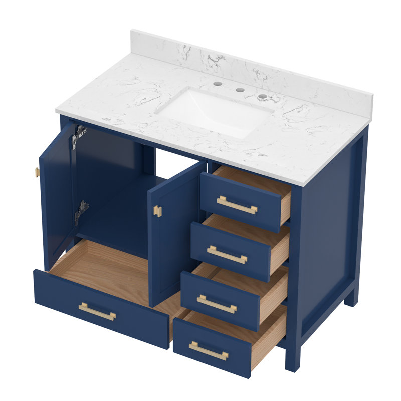 42-inch Bathroom Vanity With Engineered Stone Top, Blue, Brushed Gold