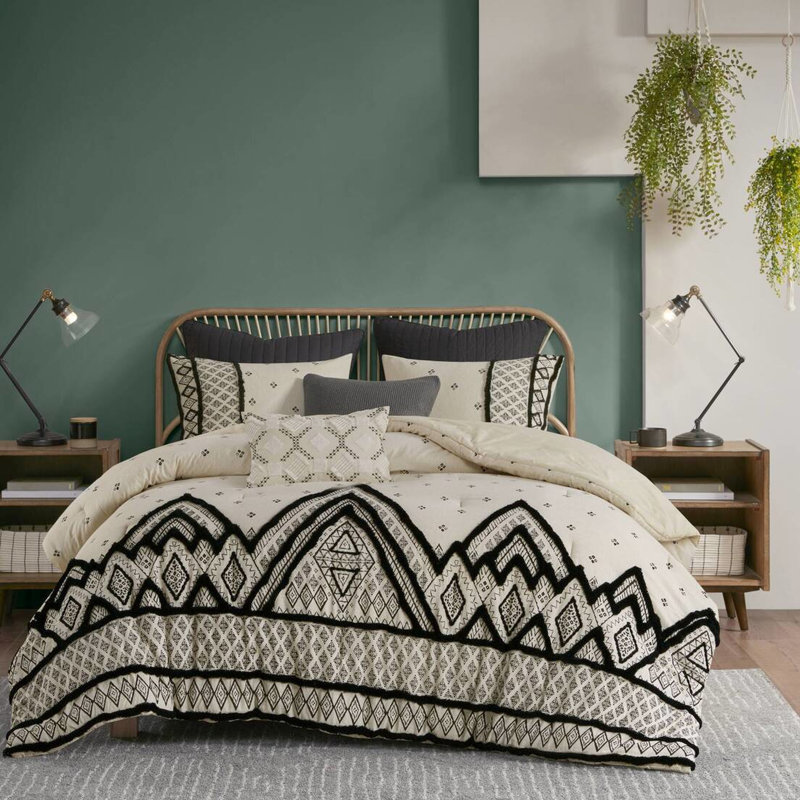 Courtepointe double / grand - mélange de lin et de coton, bordure texturée en chenille à motif de losanges noirs pour un édredon moderne, mélange de lin naturel, atmosphère sereine et calme