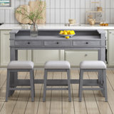 Ensemble de table de salle à manger Trexm 4 pièces avec 3 tabourets rembourrés et table multifonctionnelle avec 3 tiroirs, gris