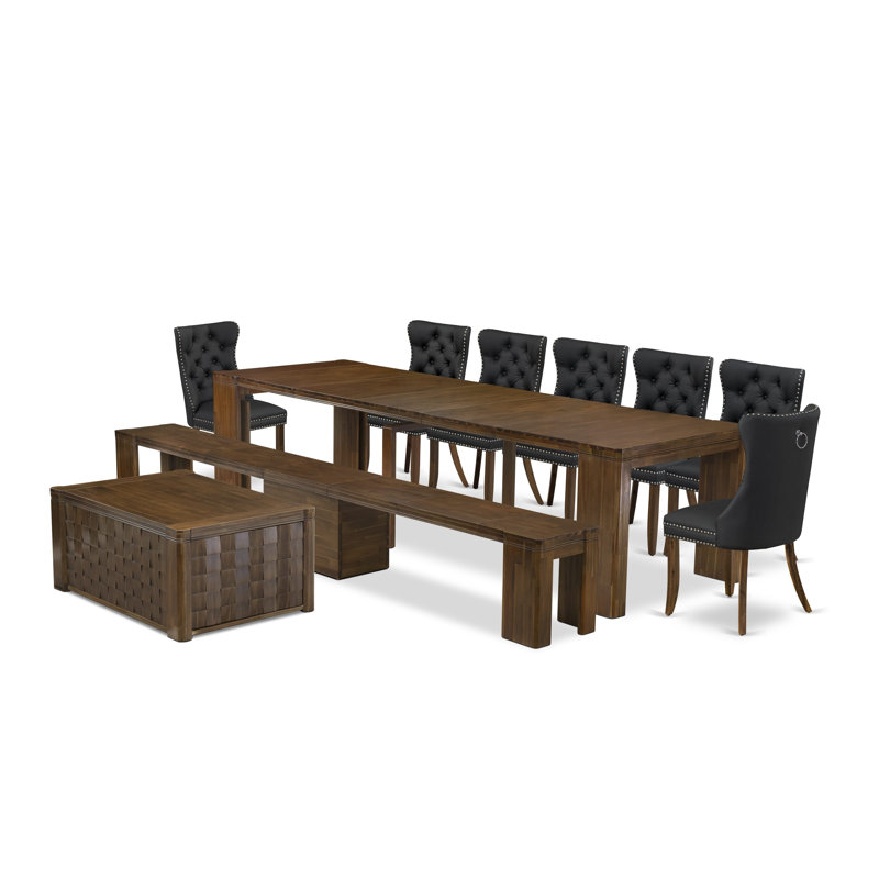 10-Pc Modern Dining Table Set includes an Extendable Kitchen Table, 1 Coffee Table, 7 Polyester Dining Chairs and 1 Bench, Antique Walnut