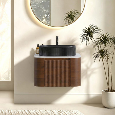 Meuble-lavabo flottant mural de 24 po avec lavabo, armoire avec porte-serviettes gratuit, lavabo simple en céramique rayé ovale, sans drain ni robinet, pré-assemblé