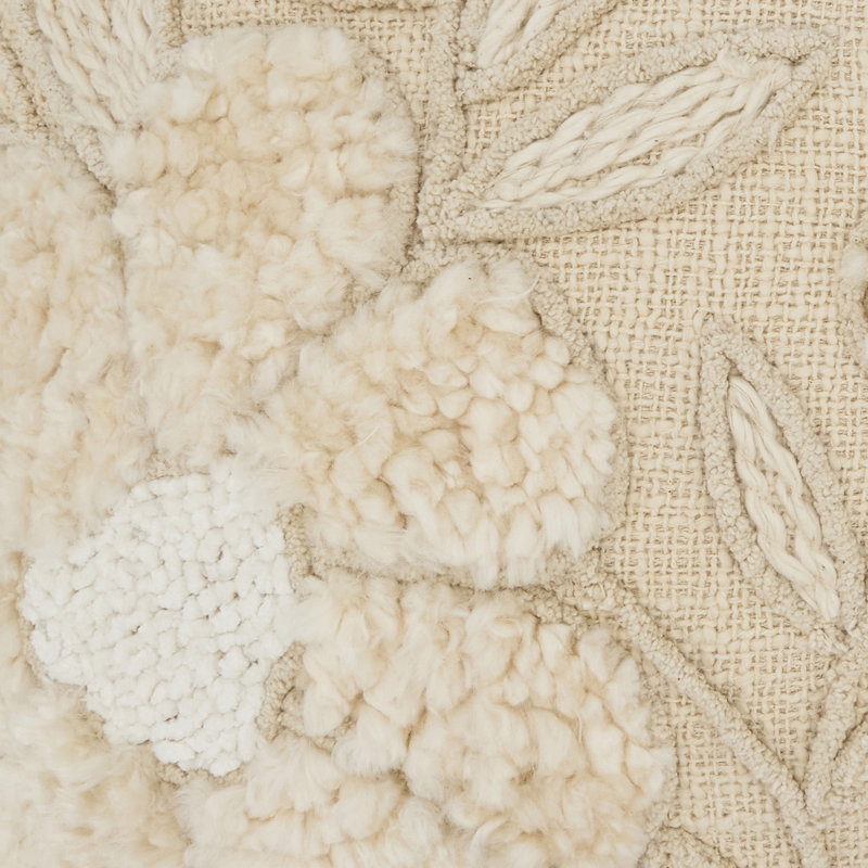 Beige Embroidered Floral Cotton Throw Pillow with Duck Feather Fill