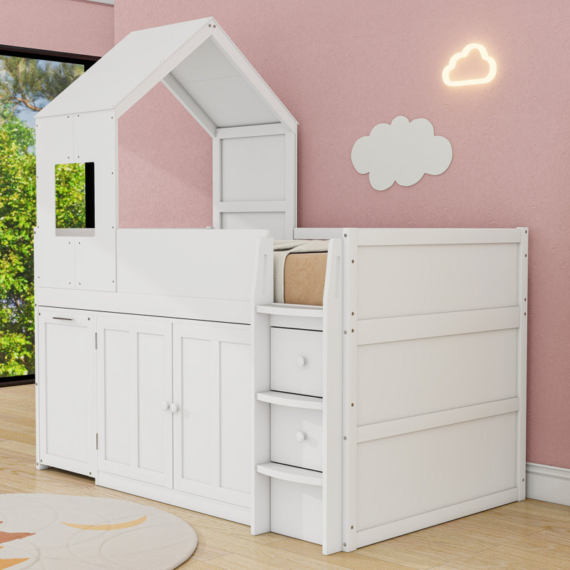 Lit mezzanine simple en bois à cinq tiroirs avec armoires de rangement et bureau, Blanc