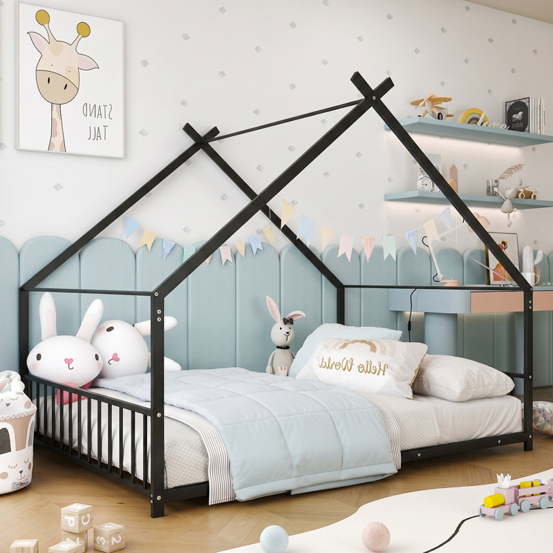 Full Size Montessori Floor Bed Metal House Bed Frame In Black For Kids, Full
