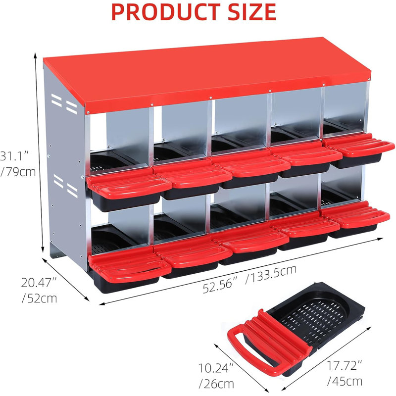 Nesting Boxes for Chickens, Large Metal Chicken Box, Red, 31.1" H x 52.56" W x 20.47" D