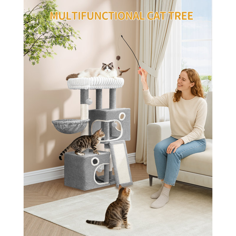 98cm Cat Tree, Cat Tower for Indoor Cats, Multi-Level Cats House Furniture with Scratching Post, 2 Caves, Large Platform, Scratching Ramp, Pompom