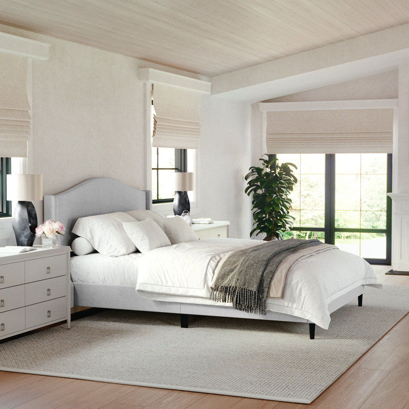 Gray Queen Upholstered Platform Bed with Curved Headboard and Wood Frame