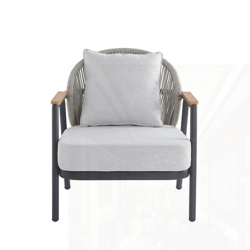 Fauteuil club d'extérieur en corde avec coussin, Coussin gris / cadre noir
