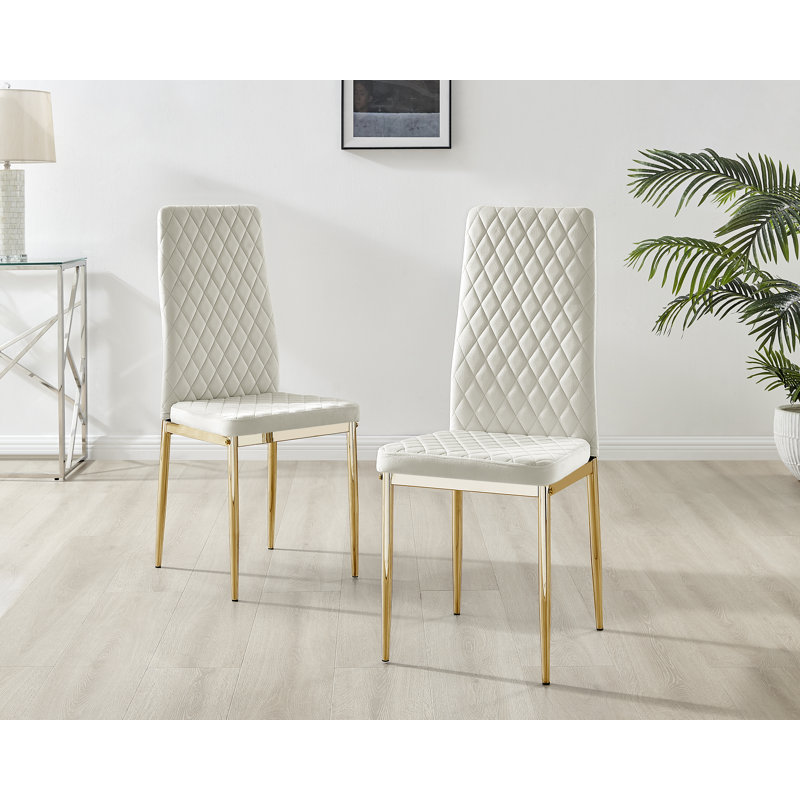 Benia White & Grey Marble Effect Dining Table Set with x4 Luxury Velvet Upholstered Dining Chairs, Cream/Gold