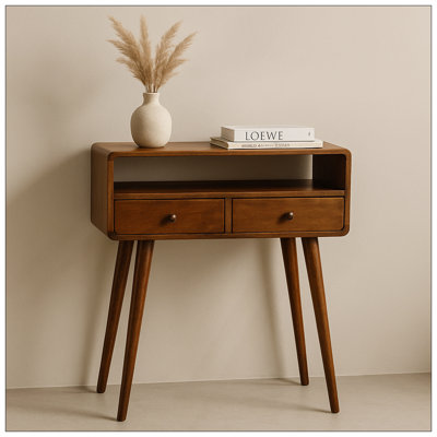 Solid Wood Mini Chestnut Console Table, Nordic Style, 2 Drawers, 1 Open Slot