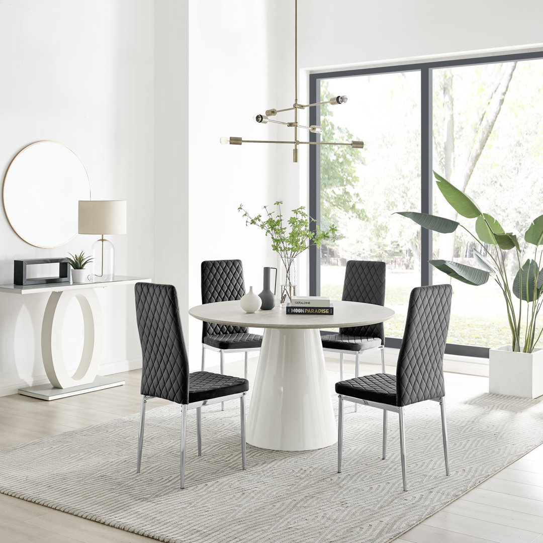 Edzard Statement 4 Person Round Dining Table Set in Luxury Stone Effect - Velvet Dining Chairs