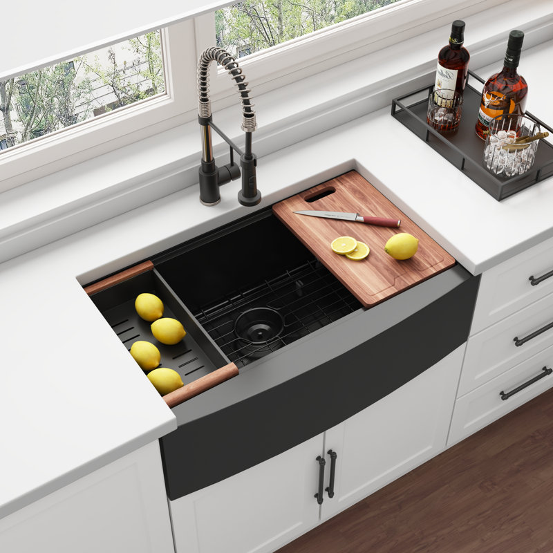 Évier de cuisine de style ferme à tablier avant en acier inoxydable de calibre 16, noir, 91,4 cm x 53,3 cm x 25,4 cm (36 po x 21 po x 10 po)