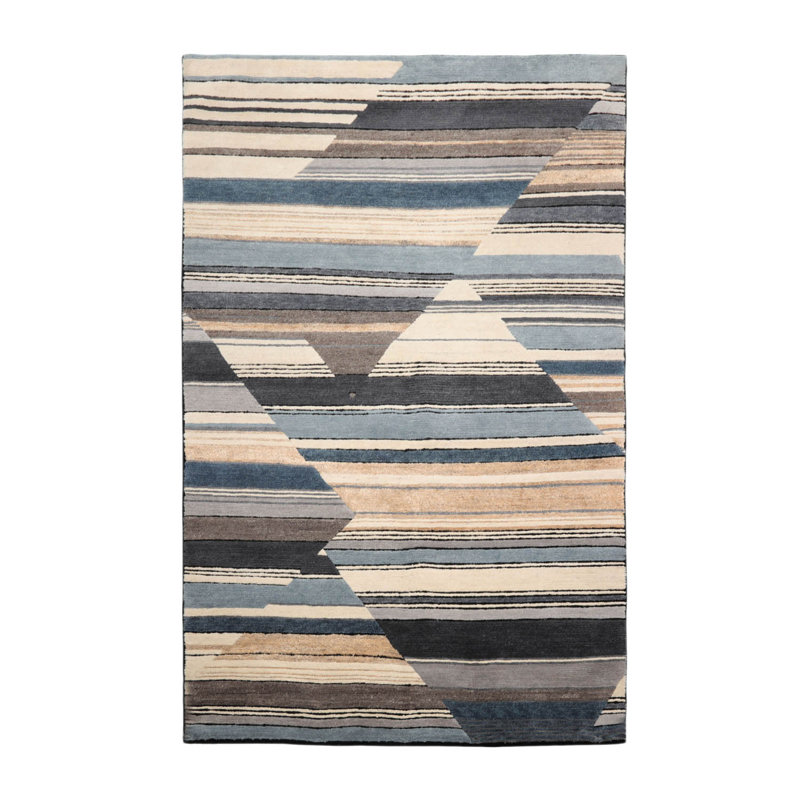 Tapis rectangulaire noué à la main 6 x 9 ivoire / noir / bleu