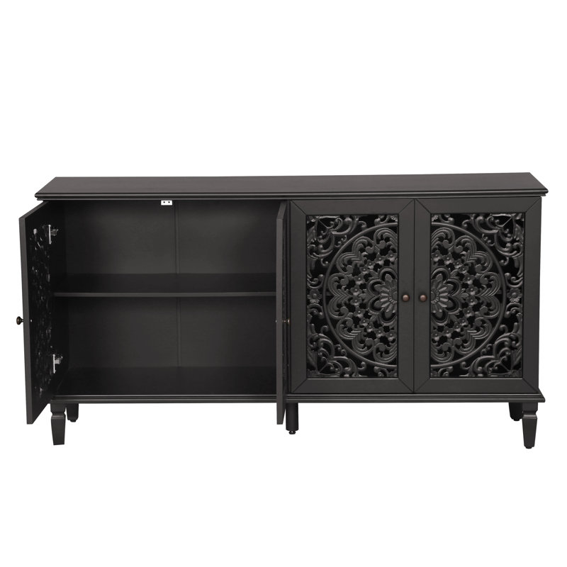 60" Antique Buffet Cabinet With Floral Carvings With Solid Wood Legs&Antique Brass Handles&Adjustable Shelves, Tv Stand For 65''+ Tv, Sideboard For Living Room,Dining Room