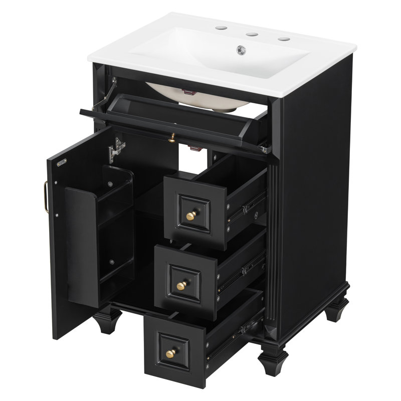 24" Bathroom Vanity With Sink, Vanity Cabinet With Flip-Out Drawer, 3 Drawers, 2 Soft-Close Doors, Solid Wood & Mdf, Elegant Gold Hardware