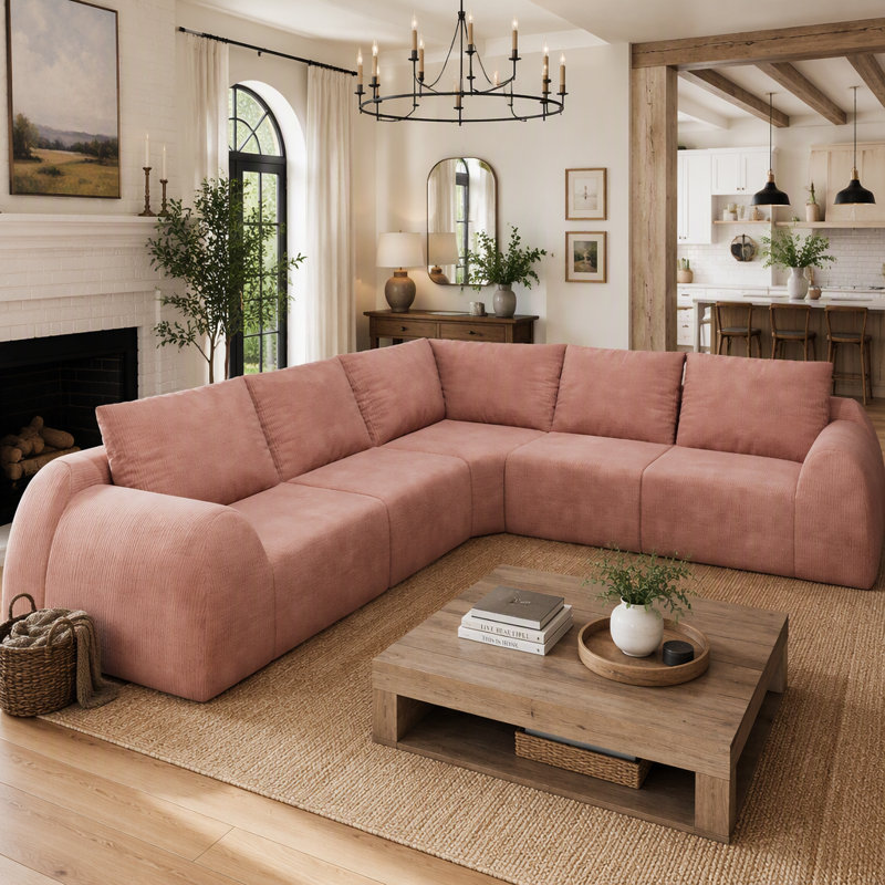 Canapé d'angle modulaire en forme de V, 5 places, 105 pouces, chenille rose, comprimé sous vide, pour salon