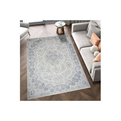 Gray Theme Floral Motifs and Traditional Pattern Vintage Decorative Washable Rug
