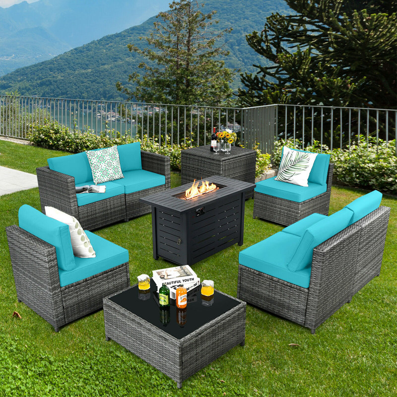 Wicker/Rattan 6 - Person Seating Group with Cushions & 60,000 BTU Fire Pit, Turquoise