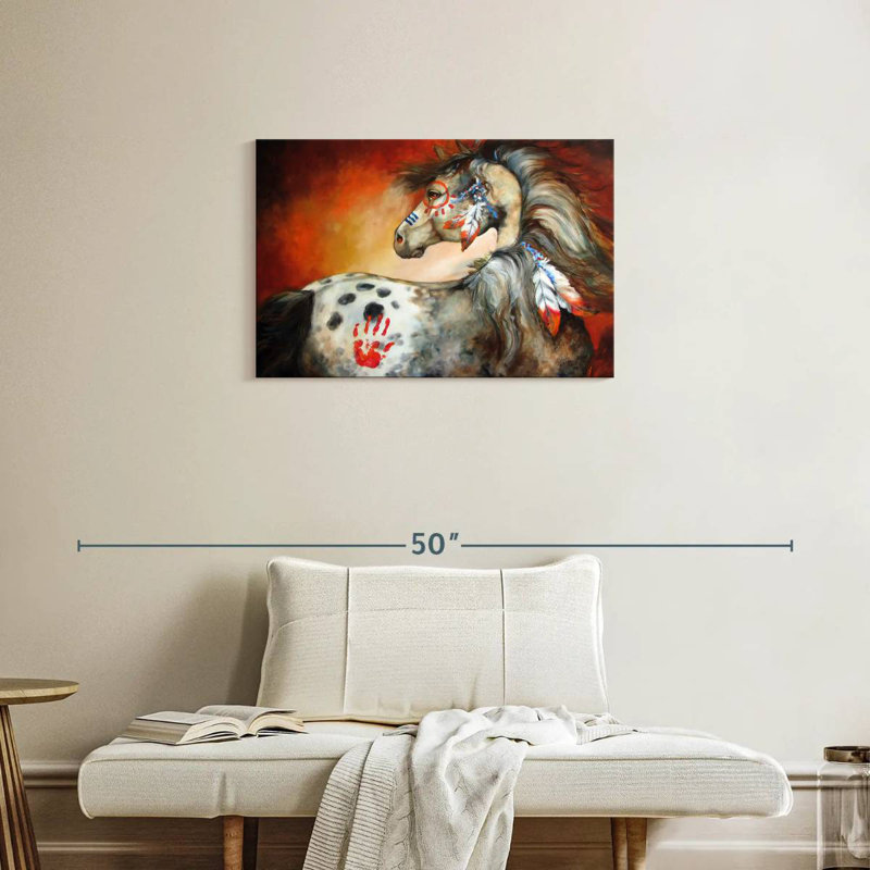Poney de guerre indien 4 plumes, H 20 po x l 30 po