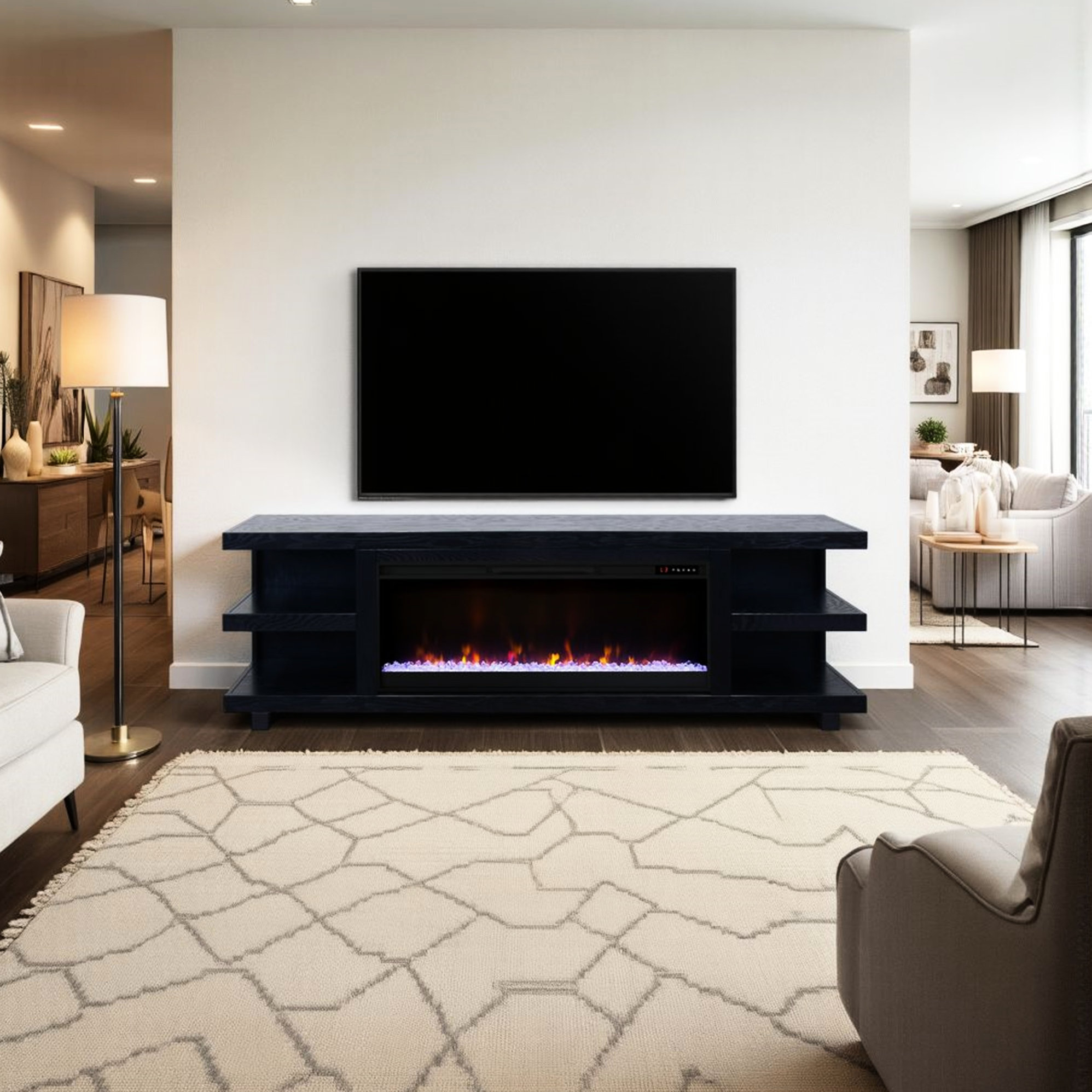 Orren Ellis 90-inch Tv Fireplace Stand, 82 Inch, Clove Finish, Simple ...