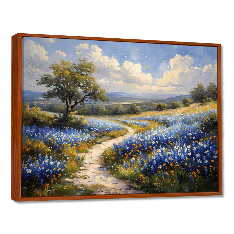 «Blue Green Summer Meadow Charm Blue Bonnets III - Blue Bonnets», reproduction d'art, Toile avec cadre flottant brun