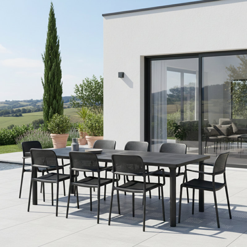 Leleifi Rectangular Outdoor Table Set, Black, 9 pcs