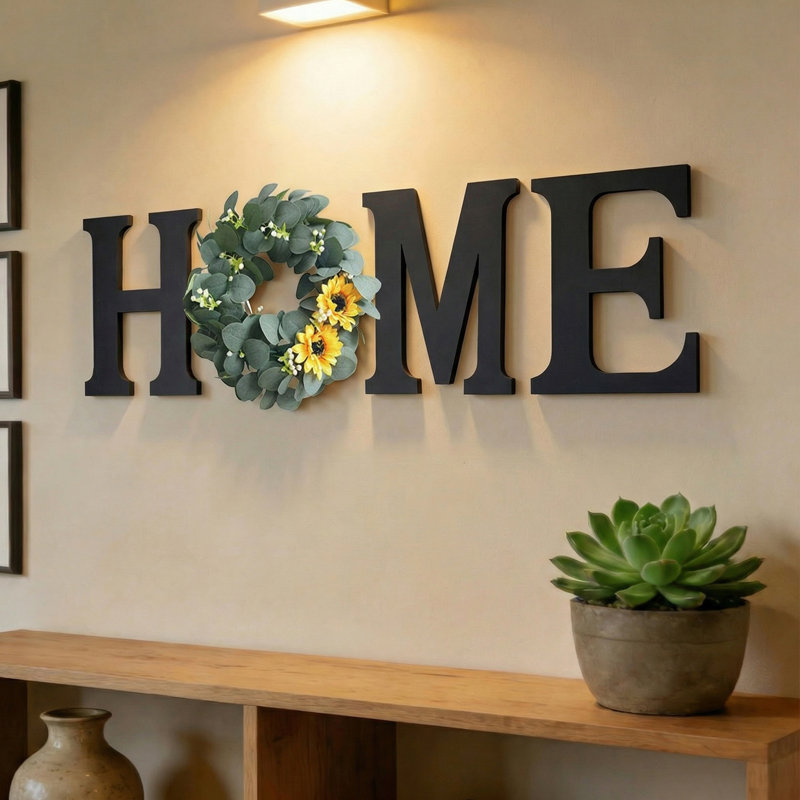 Farmhouse Wooden HOME Letters with Interchangeable Wreath - Rustic Door Hanging Sign for Entryway & Wall Decor, Sunflower