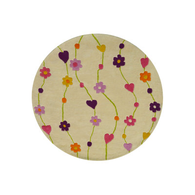 Kids Flowers Round Wool Beige Rug