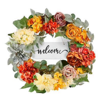Couronne décorative 24 h avec des hortensias rouges, orange, jaunes et roses toute l'année