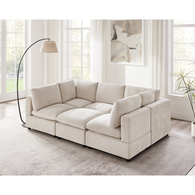 6-Piece Upholstered Symmetrical Sectional, Modular Sofa, Beige Polyester