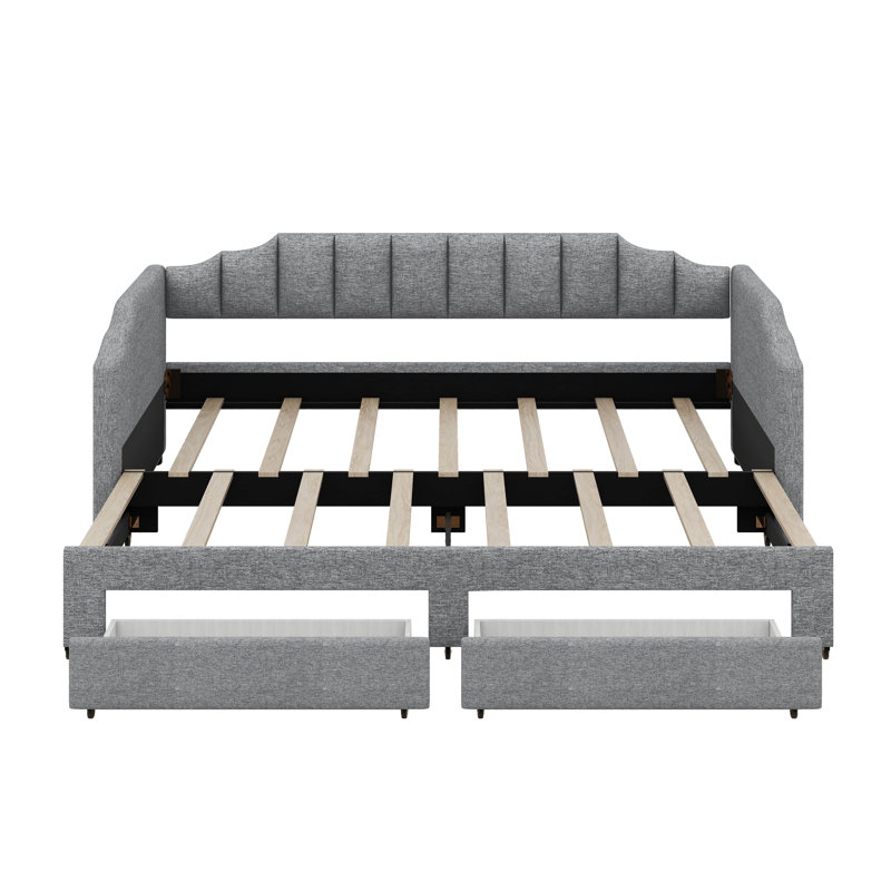 Twin XL To King Size Daybed With 2 Storage Drawers And LED, Twin XL Size Upholstered Extendable Day Bed For Samll Space, Gray